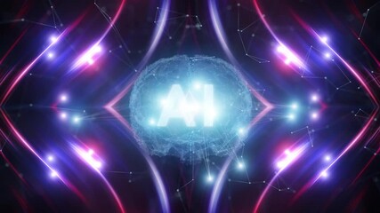 Wall Mural - futursitic lights and human ai brain loop animation background. concept artificial intelligence tech
