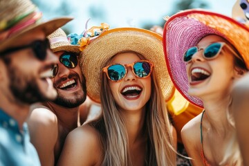 A group of four friends enjoying a sunny day at the beach, wearing colorful hats and sunglasses.