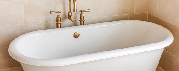 Freestanding tub with brass faucet, spa-like bathroom, warm ambiance