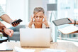 © peopleimages.com - Business woman, multitasking and headache with frustrated, mental health and stress at office. Female person, overwhelmed and burnout for time management, busy and tech for anxiety in finance agency