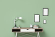 © Pixel-Shot - Stylish desk with clock, lamp and books near green wall in office