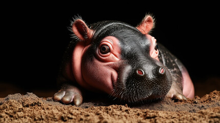 Wall Mural - close-up of a baby hippopotamus lying on the ground with a dark background, showcasing its facial fe