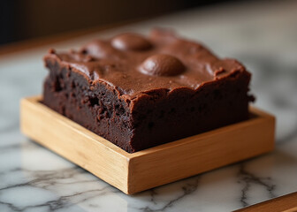 Dark cocoa chocolate brownie square in halal wooden box on marble is a premium sweet dessert option at the local pastry cafe.