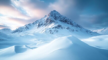 Poster - A stunning snow-covered mountain rises majestically against a light pastel sky, surrounded by gentle snowy hills. The serene winter landscape evokes a sense of tranquility.