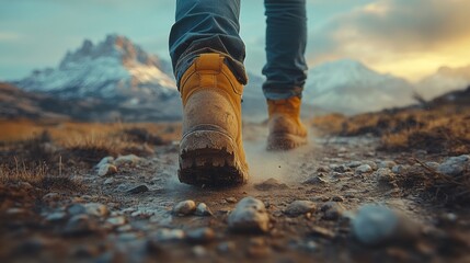 Poster - A hiker takes purposeful strides on a rocky trail, surrounded by stunning mountains. The sun sets, casting a warm glow across the serene landscape, inviting adventure and exploration.