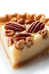 A close-up shot of a luscious pecan pie slice featuring glossy caramelized filling and topped with whole pecans on a crisp crust, perfect for food blogs, cookbooks, or dessert menus,