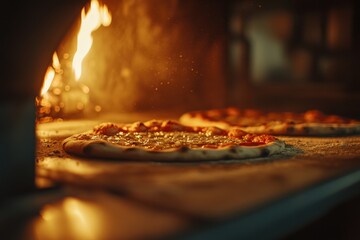 Poster - Pizzas are baking in a hot oven, surrounded by flickering flames, filling the kitchen with delicious aromas. Generative AI