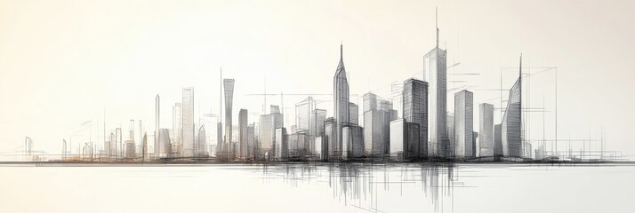 Aufkleber - A minimalist design showcases a futuristic city skyline featuring sleek buildings and geometric forms, creating a visionary urban landscape. Generative AI
