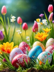  A vibrant display of decorated Easter eggs surrounded by colorful flowers in a sunny field.