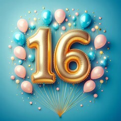 balloon in a shape of number 16 on blue background for birthday celebration