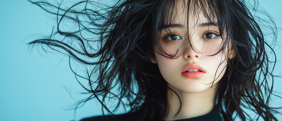 Aufkleber - young woman with flowing hair poses dynamically against blue background, exuding confidence and beauty. Her expressive eyes and soft lips create captivating look