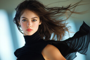 dynamic model with flowing hair in studio setting, showcasing beauty and elegance. soft lighting enh