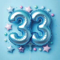 balloon in a shape of number 33 on blue background for birthday celebration