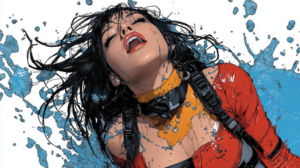 Aufkleber - dynamic illustration of woman with flowing hair, splashed with water, showcasing vibrant colors and intense expression. artwork captures sense of movement and energy