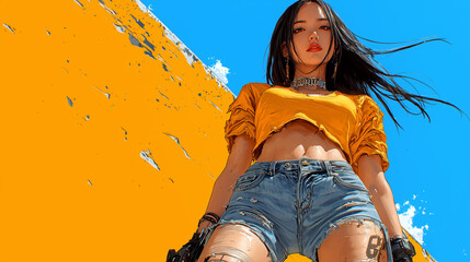 Aufkleber - dynamic illustration of confident woman in yellow top and denim shorts, set against vibrant orange background. Her edgy style and attitude are captivating