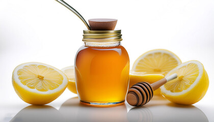 Wall Mural - A bottle of honey with a small spoon, surrounded by a few slices of lemon, isolated white background