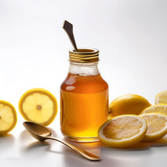 Wall Mural - A bottle of honey with a small spoon, surrounded by a few slices of lemon, isolated white background