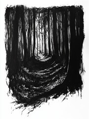 Leinwandbilder - A dense forest path appears illuminated by soft light, with intricate tree details and deep shadows enhancing the mysterious atmosphere. Generative AI