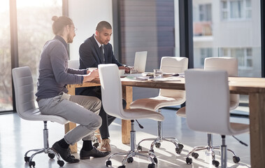 Leinwandbilder - Men, laptop and partner with reading in boardroom, review and research for compliance at corporate law firm. Lawyer, attorney and computer with teamwork, feedback and support for justice in office