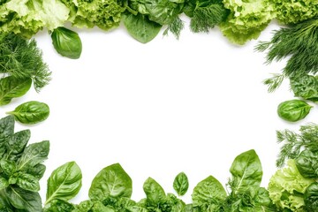 Poster - A vibrant assortment of fresh lettuce, dill, and basil is creatively arranged on a clean surface, ideal for cooking and garnishing. Generative AI
