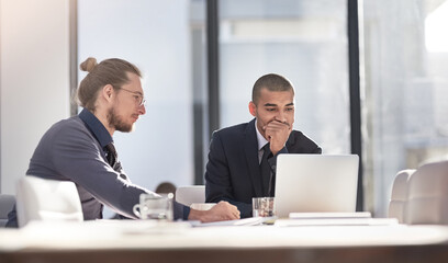 Fototapete - Business men, thinking and laptop with work meeting, email and collaboration of accountant. Management, internet search and staff with web planning, finance and company tech with office cooperation