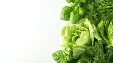 Poster - A bountiful assortment of fresh lettuce, basil, and dill showcases their rich green colors and healthy textures on a clean surface. Generative AI