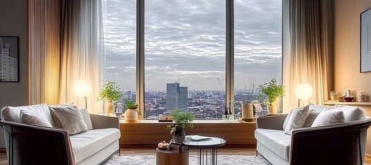 Wall Mural - Modern Living Room Interior with Panoramic City Skyline View, Neutral Colors, and Minimalist Decor.