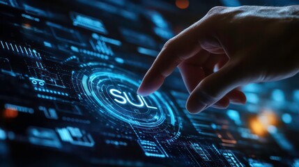 Aufkleber - A hand is touching a glowing blue circle with the acronym SUL on a computer screen, representing the concept of user interface.