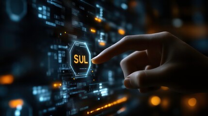Aufkleber - A hand points at a glowing hexagon displaying the word 'SUL' on a futuristic technological interface.