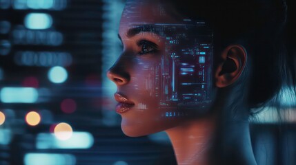 Poster - A young woman with a futuristic digital interface overlayed on her face, looking out into a city at night.