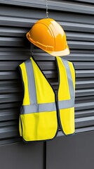 A close-up view shows two construction helmets and a safety vest hanging on a metal fence, illuminated by natural daylight, emphasizing workplace safety