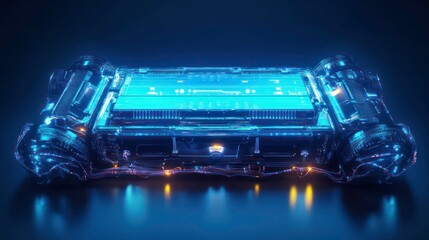Fototapete - Futuristic transparent blue battery with glowing lights on dark background.