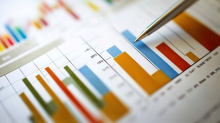 Poster - A silver pen points to a bar graph showing financial data and trends.