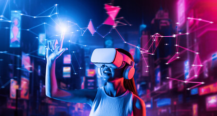 Female stand in cyberpunk style building in VRX wear VR headset connecting metaverse, future cyberspace community technology, Woman using index finger touch virtual object while smile. Hallucination.