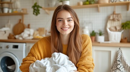 A young woman smiles while holding freshly laundered white towels in her inviting laundry room, embodying comfort and warmth in her casual attire