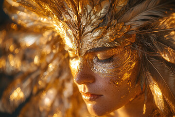 Inca headpiece with golden feathers.