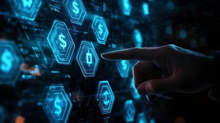 Poster - Digital Touch Screen with a Finger Pointing at Blue Hexagon Shapes Containing Dollar Signs and Money Bags, Against a Dark Background