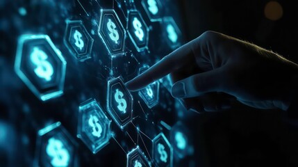 Poster - Hand touching a glowing dollar sign icon on a digital screen, representing financial technology or online banking.