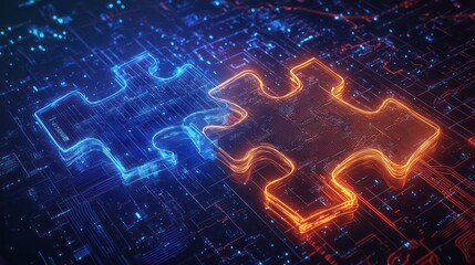 Fototapete - Two glowing puzzle pieces fit together on a circuit board background.
