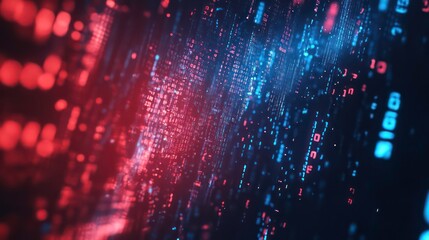 Fototapete - Abstract digital binary code background with red and blue glowing lights.