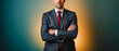 © PongSS - Confident Executive , A distinguished man in a dark suit and red tie stands confidently with arms crossed against a vibrant green and orange background. This image conveys professionalism.