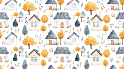 Seamless watercolor pattern featuring charming sweet home elements ideal for postcard designs invitations and wedding cards