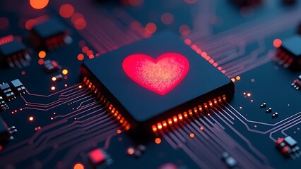 Close-up of a microchip with a red heart symbol representing a love of technology and innovation.