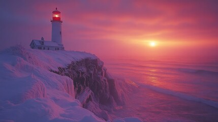 Aufkleber - A stunning lighthouse stands on snowy cliffs as the sun sets, casting colorful hues across the icy landscape and ocean waves during winter.