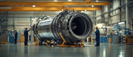 Two technicians inspecting a large jet engine in a factory.