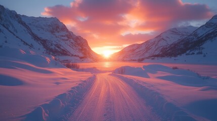 Poster - A breathtaking winter sunset casts warm colors above a frozen lake, with snow-laden mountains framing the serene landscape. The pathway leading toward the horizon invites exploration.
