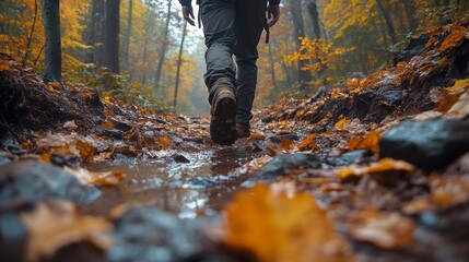 A hiker makes their way down a wet trail covered with fallen leaves and stones, surrounded by the vibrant colors of autumn trees. The atmosphere is calm and serene.