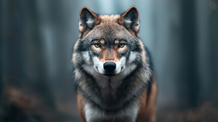 Wall Mural - close-up portrait of a wolf with sharp gaze in a misty forest background, exhibiting its natural fur