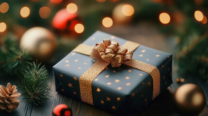 Elegant Christmas gift wrapped in blue paper with gold stars and a sparkling bow on a festive background. Generative AI