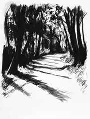 Leinwandbilder - This artwork features a dense forest path, showcasing intricate tree details and long shadows cast by the sunlight through the foliage. Generative AI